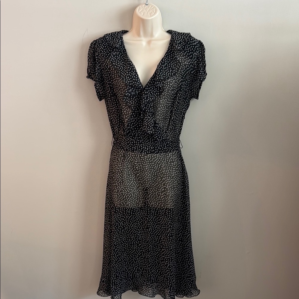 MSK Black Polka Dot Wrap-Style Sheer Midi Dress. Delicate Ruffle & Flutter